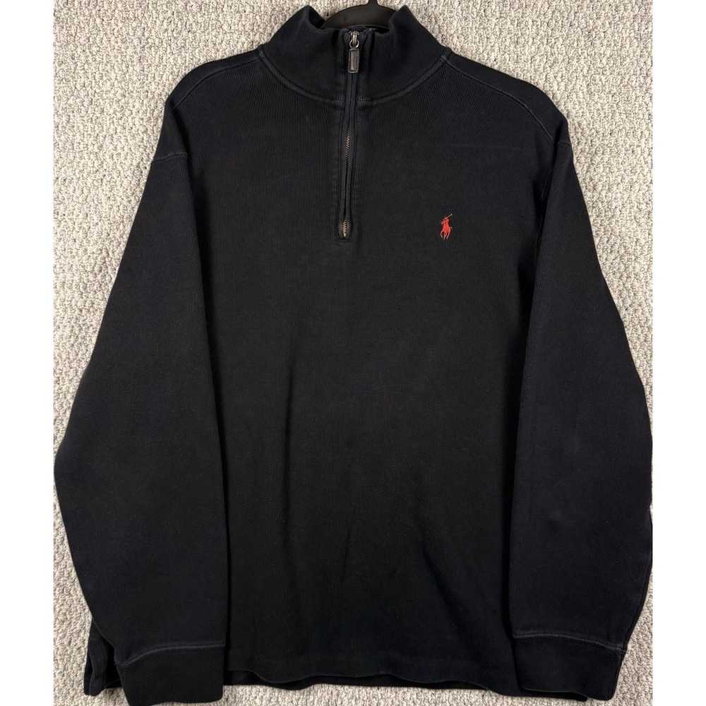 Polo Ralph Lauren Quarter Zip Pullover Sweater XL Black Red Pony Cotton Ribbed